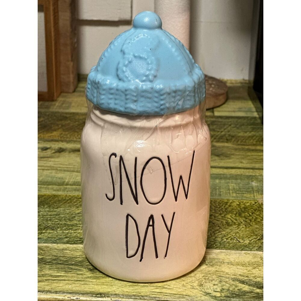 Rae Dunn SNOW DAY w/ BLUE Hat Lid Ceramic Baby Canister Candy Jar Farmhouse Deco